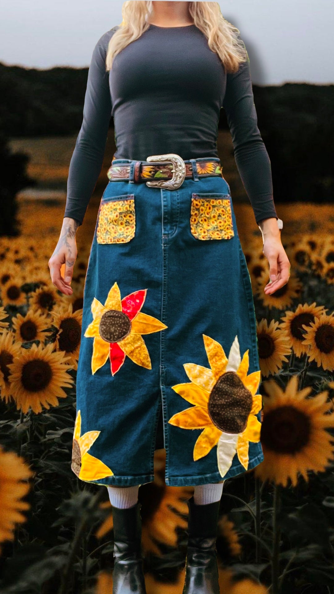 SUNFLOWER PATCHWORK DENIM SKIRT