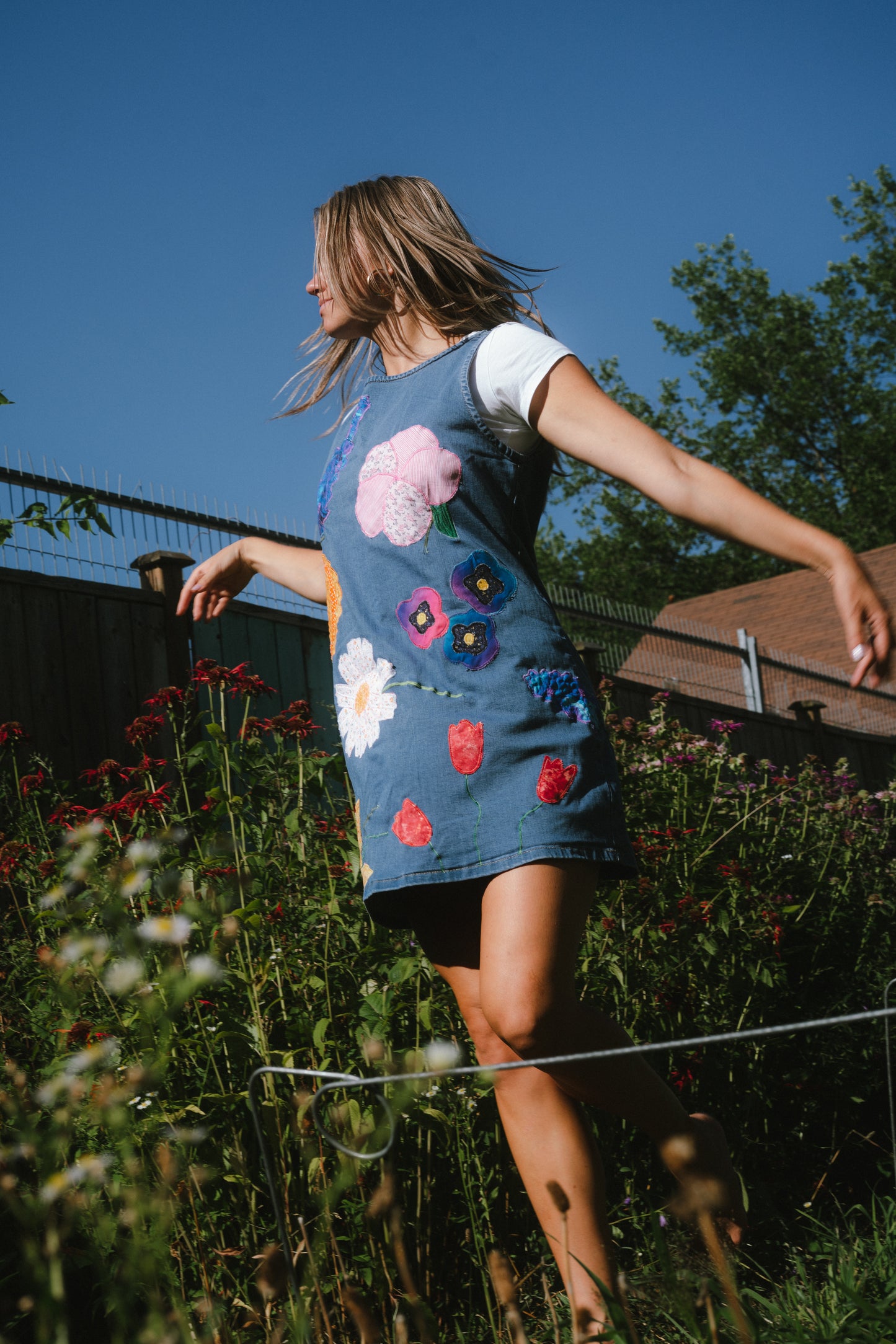 FLORAL FROLIC DENIM DRESS