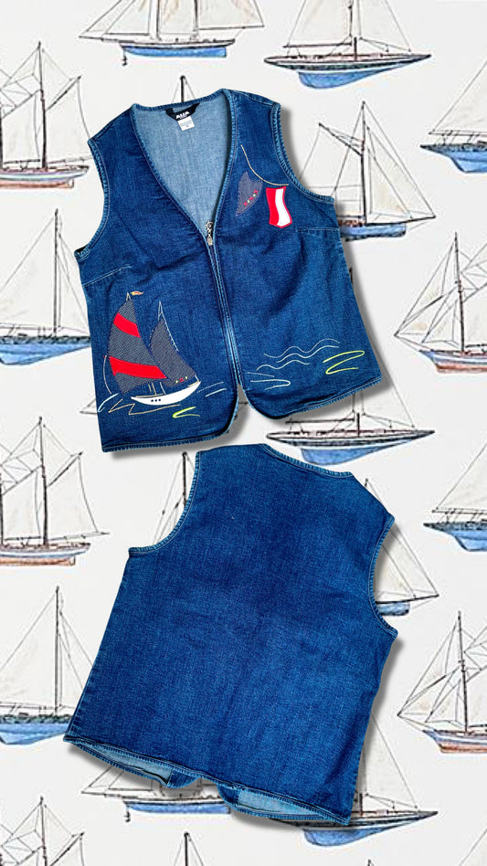 𝓥𝓘𝓝𝓣𝓐𝓖𝓔 DENIM SAILBOAT EMBROIDERED VEST
