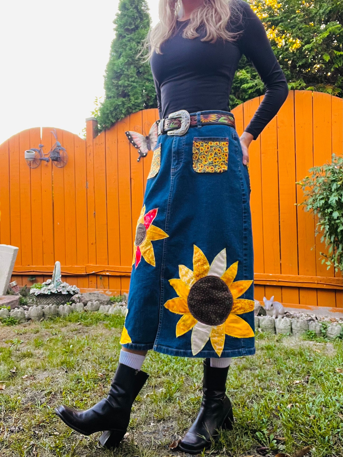 SUNFLOWER PATCHWORK DENIM SKIRT